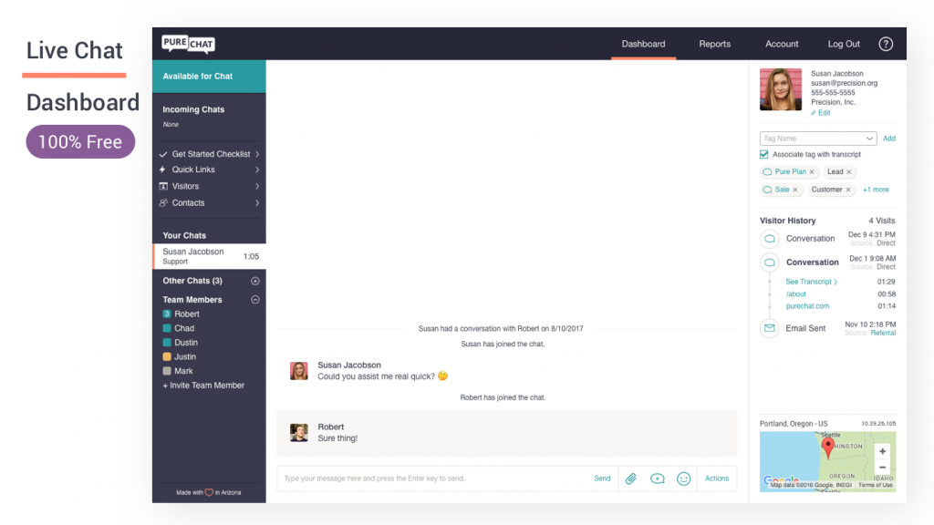 Pure Chat's live chat dashboard